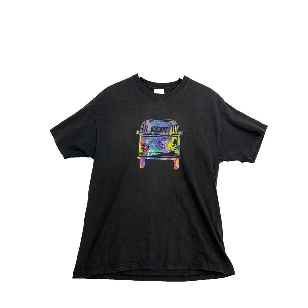Eugene Oregon Hippie Van T Shirt Mens Large Black Tie Dye VW Bus Graphic Tee